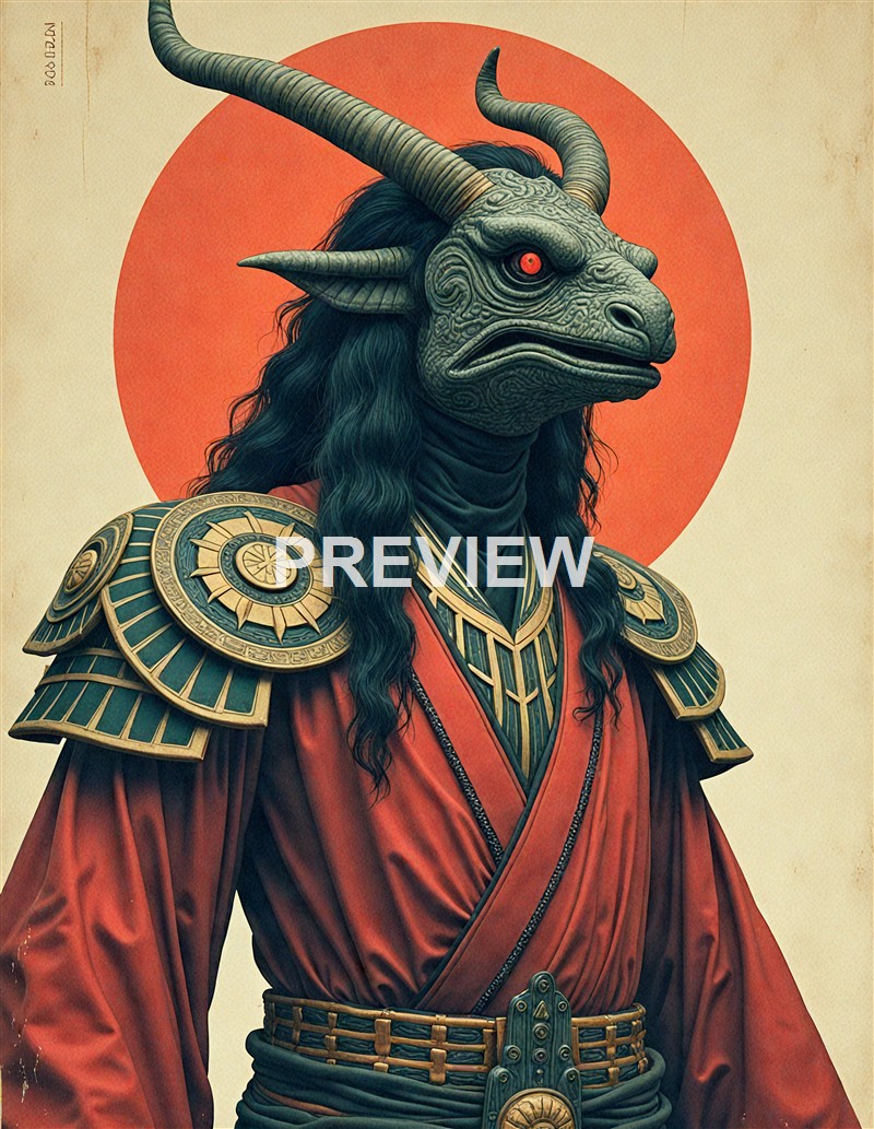 A humanoid figure with a dragon-like, textured face, glowing red eye, long black hair, and prominent horns, dressed in ornate armor and red robes against a circular orange background.